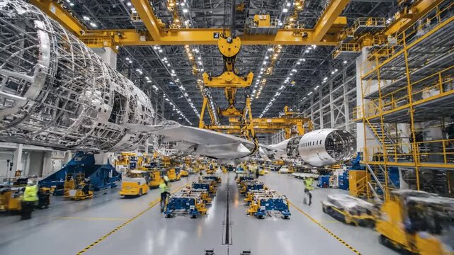 Aircraft assembly line production in an aerospace factory with workers and machinery