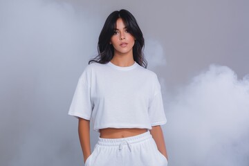 2026 Color Trend &ndash; Young Woman in White Tee and Sweatpants with White Smoke, Cloud & Dancer Vibe