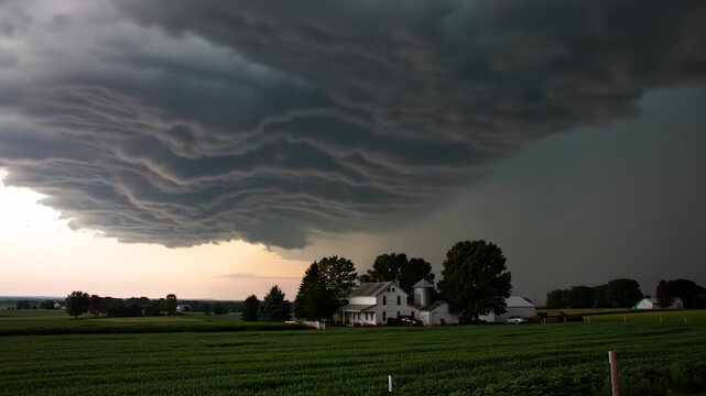 Dramatic mammatus clouds hover over a rural farm landscape with a white farmhouse and a green cornfield