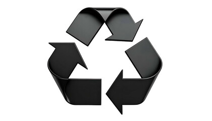 A glossy black recycling symbol with a three-arrow cycle on a solid black background