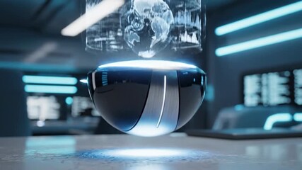 Futuristic black sphere projecting holographic earth interface and levitating with digital audio waveform - Powered by Adobe