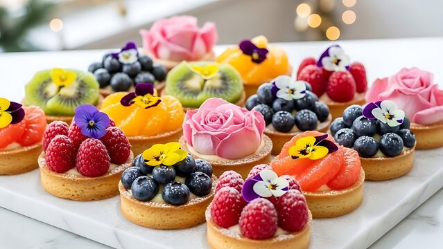 Colorful assortment of fruit tarts with edible flowers on a white platter