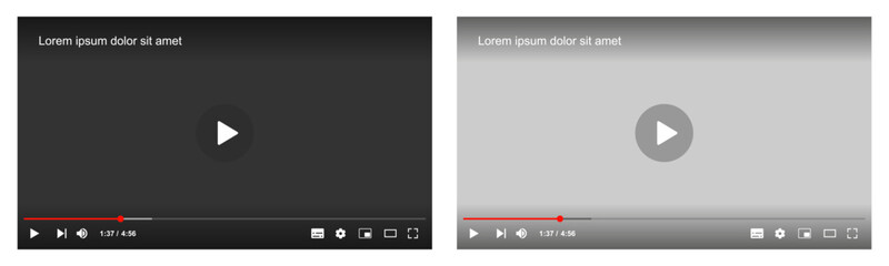 Multimedia video player with play button, play video window with navigation icons, video streaming frame on internet, modern social media video player interface template in light and dark mode © dlyastokiv