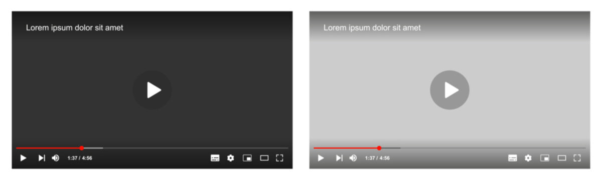 Multimedia video player with play button, play video window with navigation icons, video streaming frame on internet, modern social media video player interface template in light and dark mode