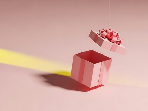 Pink gift box with ribbon opens suspended in air image