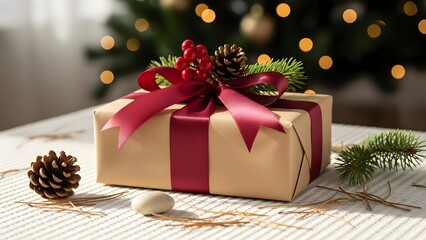 A beautifully wrapped christmas gift with a red bow and festive decorations on a table with a blurred tree background