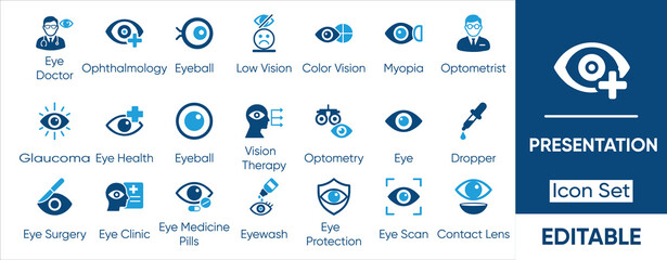 Ophthalmology Solid Icon Set. Icons Related to Medical Eye Care, Optometry, Vision Correction and More. Solid Icon Collection. Vector Illustration.