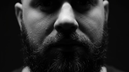 Extreme close-up of a face with a beard, in stark monochrome tones against a nearly black background