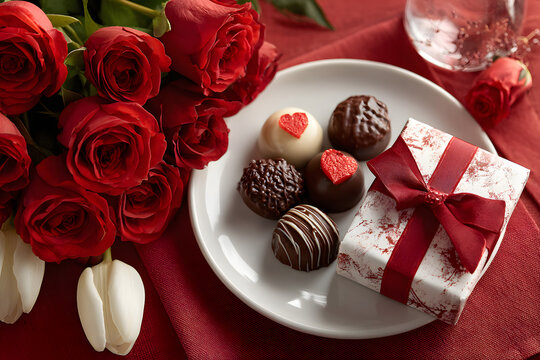 Valentine's day. Romantic table setting with white plate, red chocolate sweets, romantic gift and red roses on red background. Catering. View from above. Copy space. - Powered by Adobe