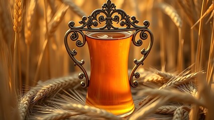 flagon. Honey-colored liquid in an ornate flagon surrounded by wheat stalks. bar promotions, beverage menus, designed for food & beverage menus and cafe branding, enhances appetite appeal.