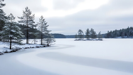 Serene winter landscape showing a snow covered frozen lake with small islands and pine trees