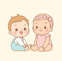 Adorable kawaii-style illustration of a baby boy and baby girl sitting together. Soft pastel colors, flat design. Perfect for baby shower designs, nursery decor, children s products, parenting content