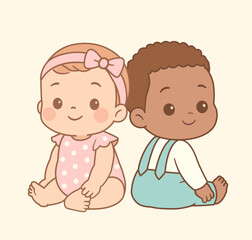 Kawaii-style illustration of a baby boy and baby girl sitting together. Soft pastel colors, clean flat design and friendly expressions. Represents diversity, childhood and family connection