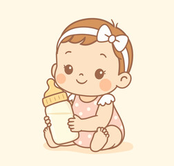 Adorable kawaii-style illustration of a baby girl holding a milk bottle. Soft pastel colors, clean flat design and gentle expression. Perfect for baby feeding concepts, newborn care, parenting content