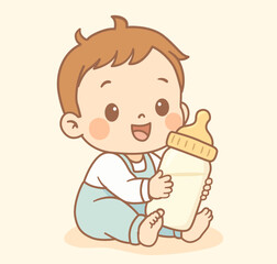Adorable kawaii-style illustration of a happy baby boy holding a milk bottle. Soft pastel colors, clean flat design and cheerful expression. Perfect for baby feeding concepts, newborn care, parenting