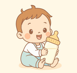Adorable kawaii-style illustration of a happy baby boy holding a milk bottle. Soft pastel colors, clean flat design and cheerful expression. Perfect for baby feeding concepts, newborn care, parenting