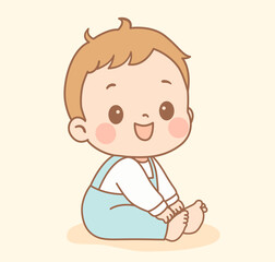 Adorable kawaii-style illustration of a baby boy sitting and smiling. Pastel colors, flat design gentle expression. Perfect for baby shower, children s products, educational materials, blogs