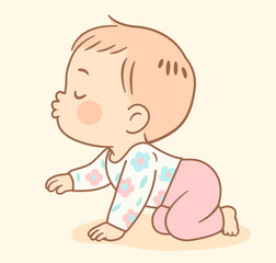 Adorable kawaii-style illustration of a crawling baby. Soft pastel colors, clean flat design and gentle expression. Represents early childhood development and baby milestones