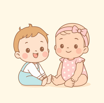 Adorable kawaii-style illustration of a baby boy and baby girl sitting together. Soft pastel colors, flat design. Perfect for baby shower designs, nursery decor, children s products, parenting content