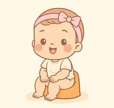 Adorable kawaii-style illustration of a baby girl sitting on a potty. Pastel colors, clean flat design and happy expression. Perfect for potty training, early childhood development, parenting content