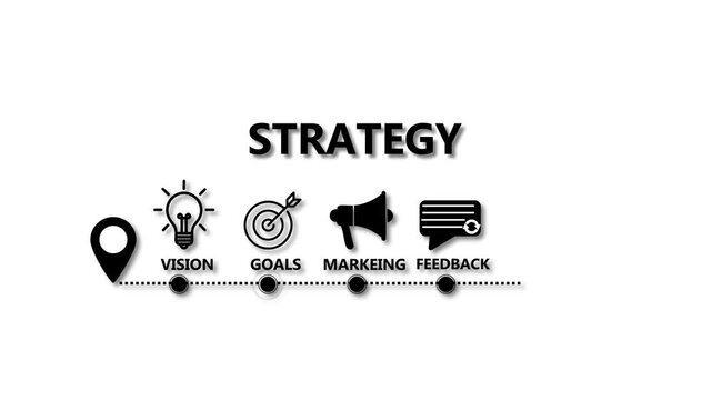 Business strategy and management concept illustration showing vision, goals, marketing, feedback, and growth planning, representing strategic thinking, leadership, and corporate decision-