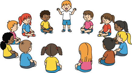  Vector Illustration of Diverse Cartoon Children Sitting in a Circle Listening to a Standing Boy, Representing Education, Group Activity, and Preschool Games