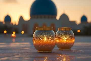 Golden glow of decorative lanterns illuminating a serene setting with a mosque at sunset