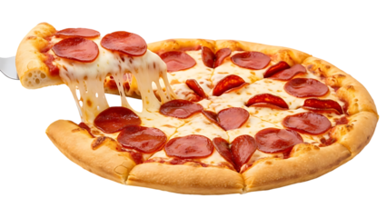 Freshly baked pepperoni pizza isolated on transparent background