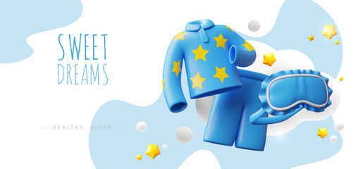 3D children's banner with pajamas, a sleeping mask, stars, and clouds, blue.