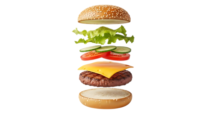 Freshly assembled classic burger isolated on transparent background