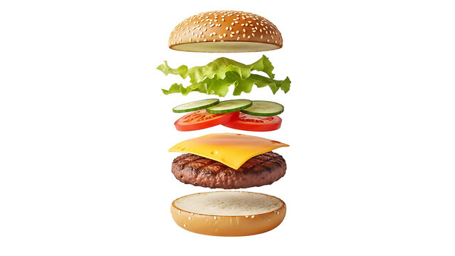 Freshly assembled classic burger isolated on transparent background
