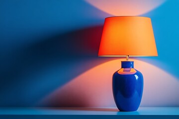 Vibrant blue ceramic table lamp with an orange shade illuminating a blue wall