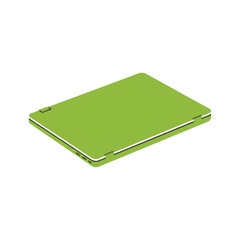 Closed green laptop on white background