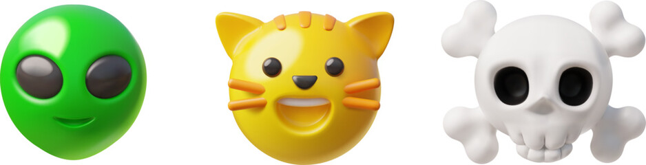 Green alien head with big eyes, human skull with bones and cat muzzle realistic 3D plastic style emoji vector icons set
