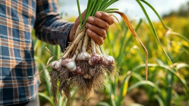 Agricultural Harvest: Sturdy farmer's hand in a plaid shirt proudly holding a fresh bunch of garlic in the field