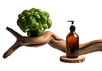Eco-friendly product still life: basil, driftwood, pump bottle