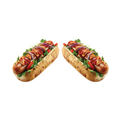 Two Delicious Hot Dogs with Toppings on a White Background