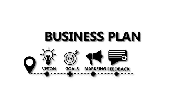 Business plan and management concept illustration showing vision, goals, marketing, feedback, and growth strategy, representing structured planning, leadership,