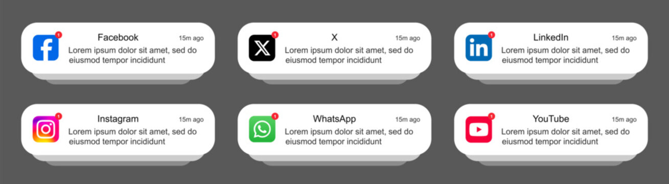 Notification box template, screen online messages, Facebook, X, LinkedIn, Instagram, WhatsApp, YouTube chat alerts