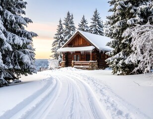 A quaint wooden cabin nestled in a snowy forest scene with a winding track and pine trees