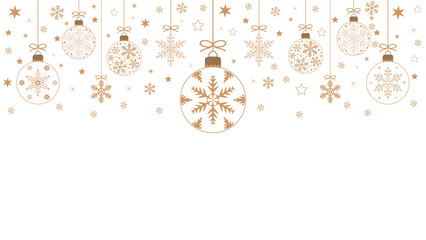 Exquisite Christmas background with hanging golden balls and snowflakes filled with stars on a transparent background, minimalistic design of winter holiday greeting cards or web banners. Vector illus