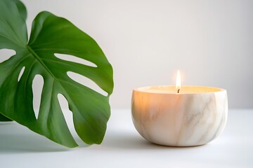 A glowing candle in a marbled holder beside a vibrant green monstera leaf on a white surface
