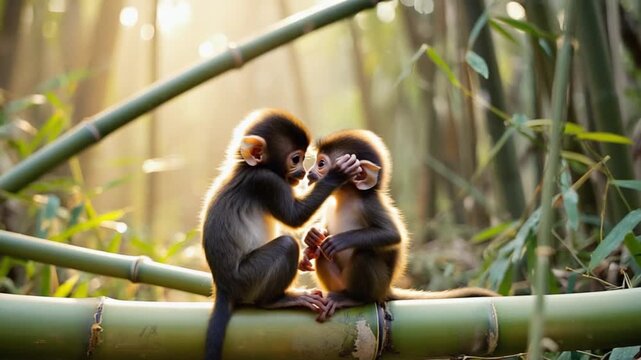 Two baby monkeys sitting on a bamboo branch interacting with each other in a forest setting monkey video