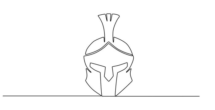 Animated self drawing of  Continuous one line drawing of spartan helmet. Medieval, greek, roman, traditional, protection concept. Editable stroke vector, Continuous one line drawing of roman warrior