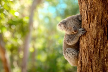 A koala hugs a tree trunk in a forest in Australia. Sunlight filters through the leaves as the animal rests