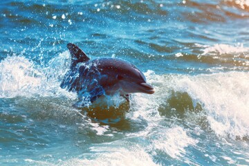 Obraz premium A dolphin leaps from the water, creating splashes as it plays in the ocean waves during a sunny day by the beach