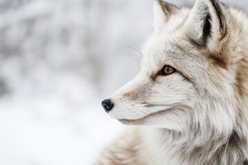 Fototapeta premium Wolf stands in a snowy setting with a blurred background highlighting its fur and face, showcasing its natural habitat in winter