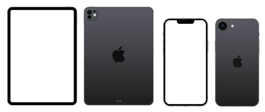 iPad Pro with iPhone smartphone screen frame mockup, tablet device template isolated on transparent background