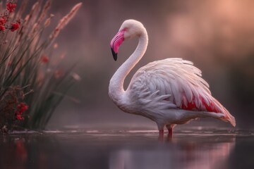 Obraz premium A flamingo is wading in shallow water surrounded by grasses and flowers. Morning light shines on its feathers