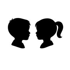 Little boy and girl silhouettes, face profile. Black icons on a white background. Vector characters
